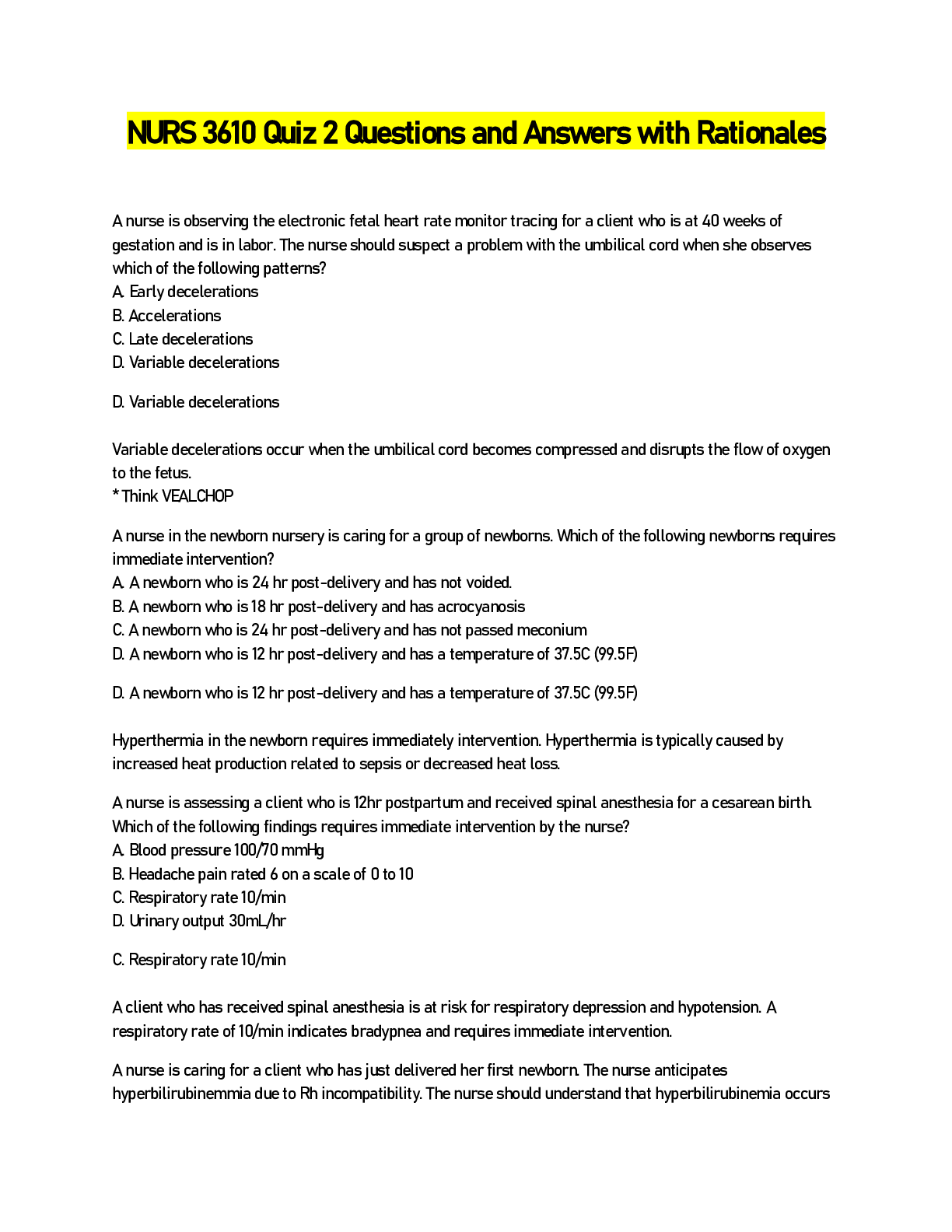 Preview of NURS 3610 Quiz 2 Questions and Answers with Rationales